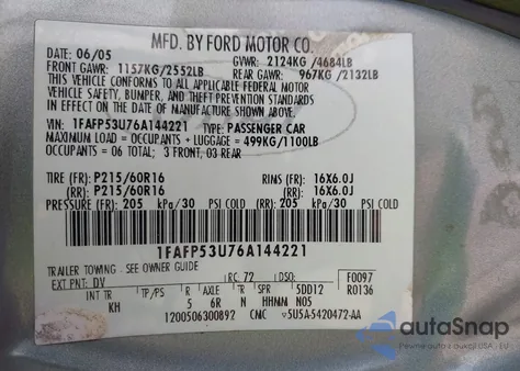 2006 Ford Taurus Se from USA, damaged, VIN 1FAFP53U76A144221